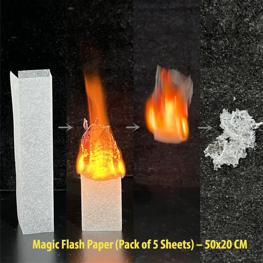 Magic Flash Paper pack demonstration showing five transparent sheets on a black background, with one sheet igniting into a bright flame and the remaining sheets shown crumpled or standing upright. Text at the bottom reads 'Magic Flash Paper (Pack of 5 Sheets) – 50x20 CM'.