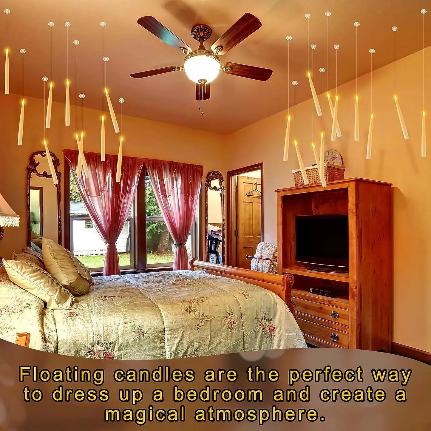 Bedroom with floating candles and wooden furniture