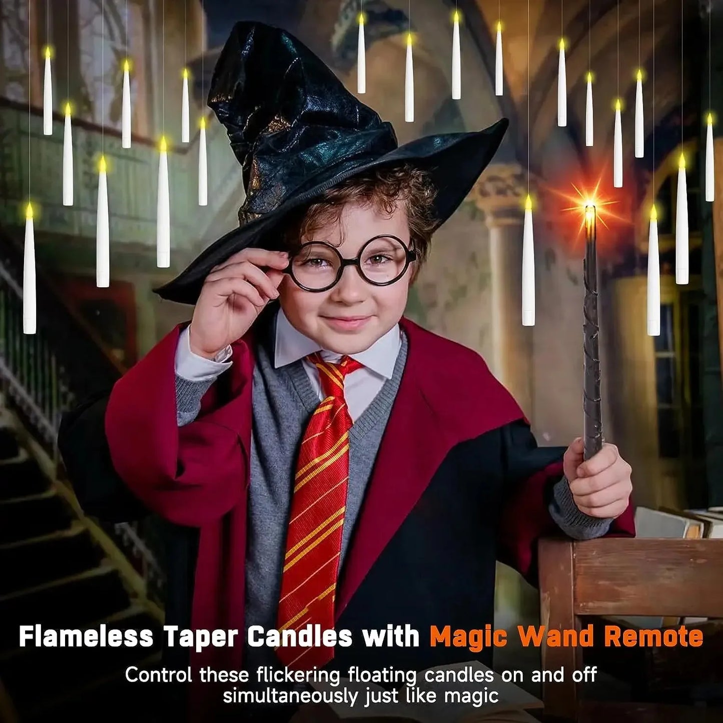 A child in a wizard costume with floating candles and a magic wand, promoting flameless taper candles with remote control.