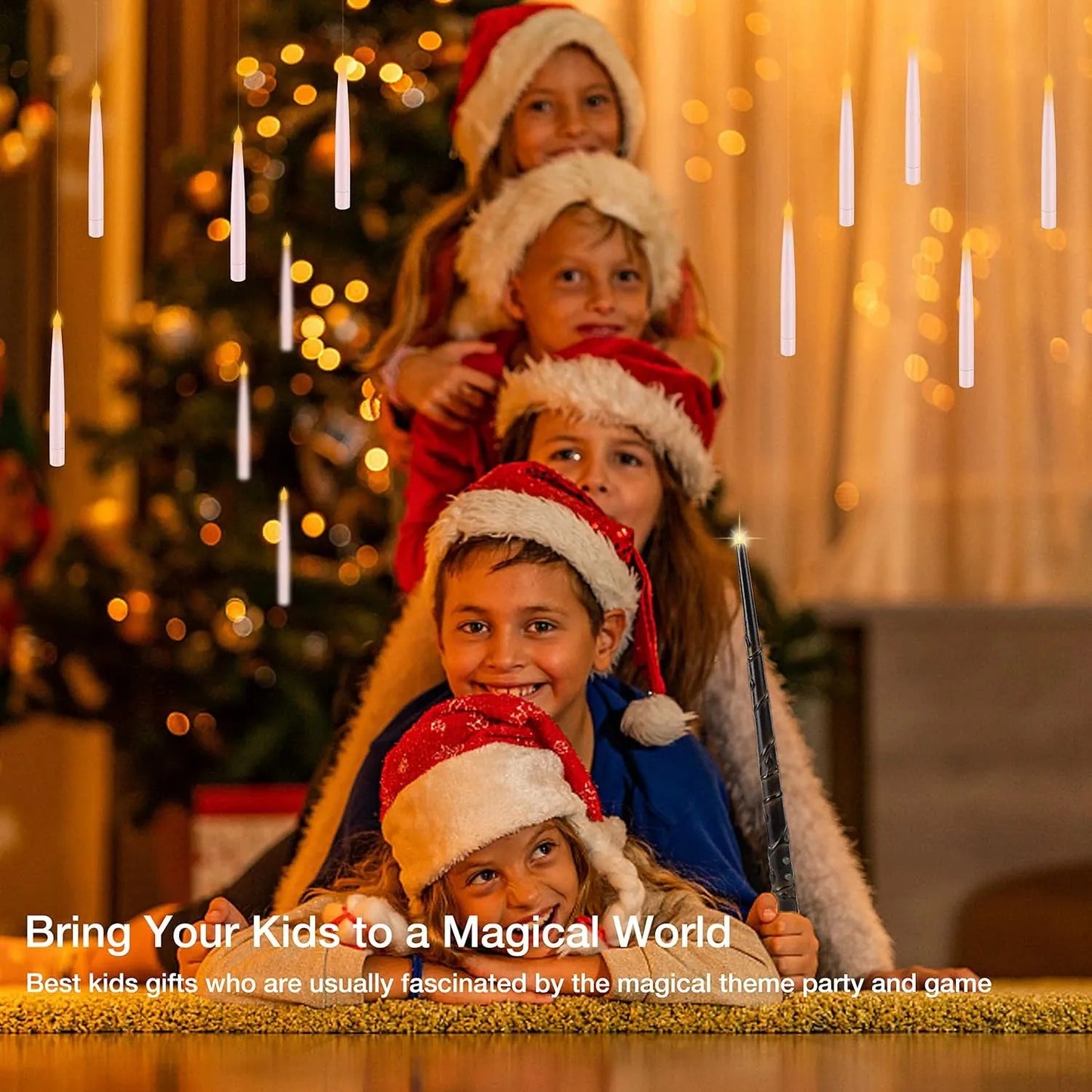 Children wearing Santa hats in front of a Christmas tree with decorative lights.