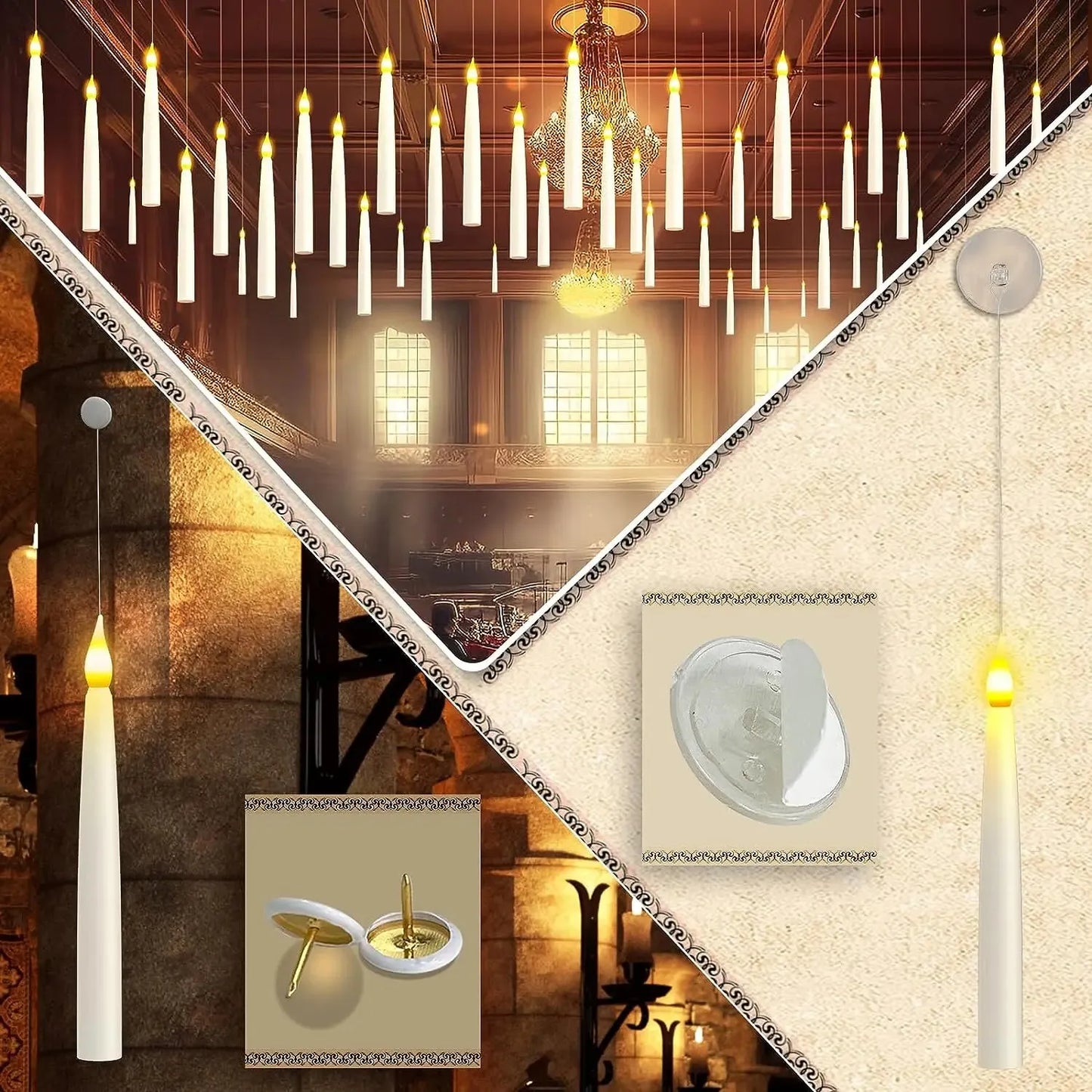 Collage of candlelight scenes with a focus on lighting fixtures and candles.