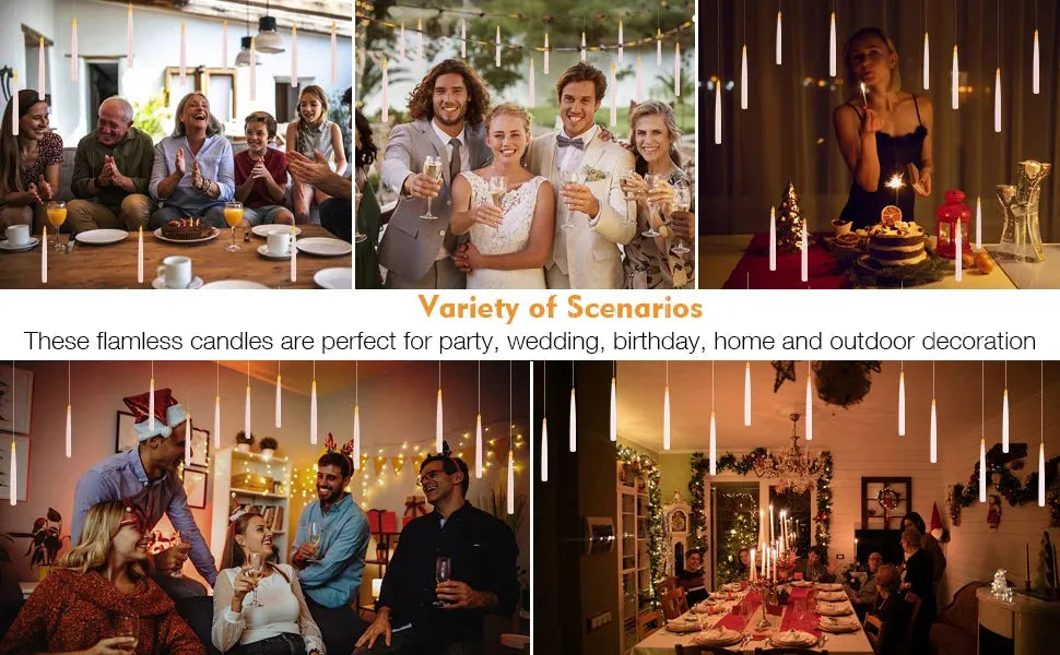 Collage of various scenarios using flameless candles for party, wedding, birthday, home, and outdoor decorations.