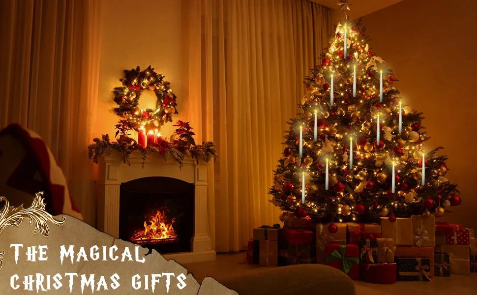 A cosy living room with a Christmas tree and fireplace, decorated for the holiday season.