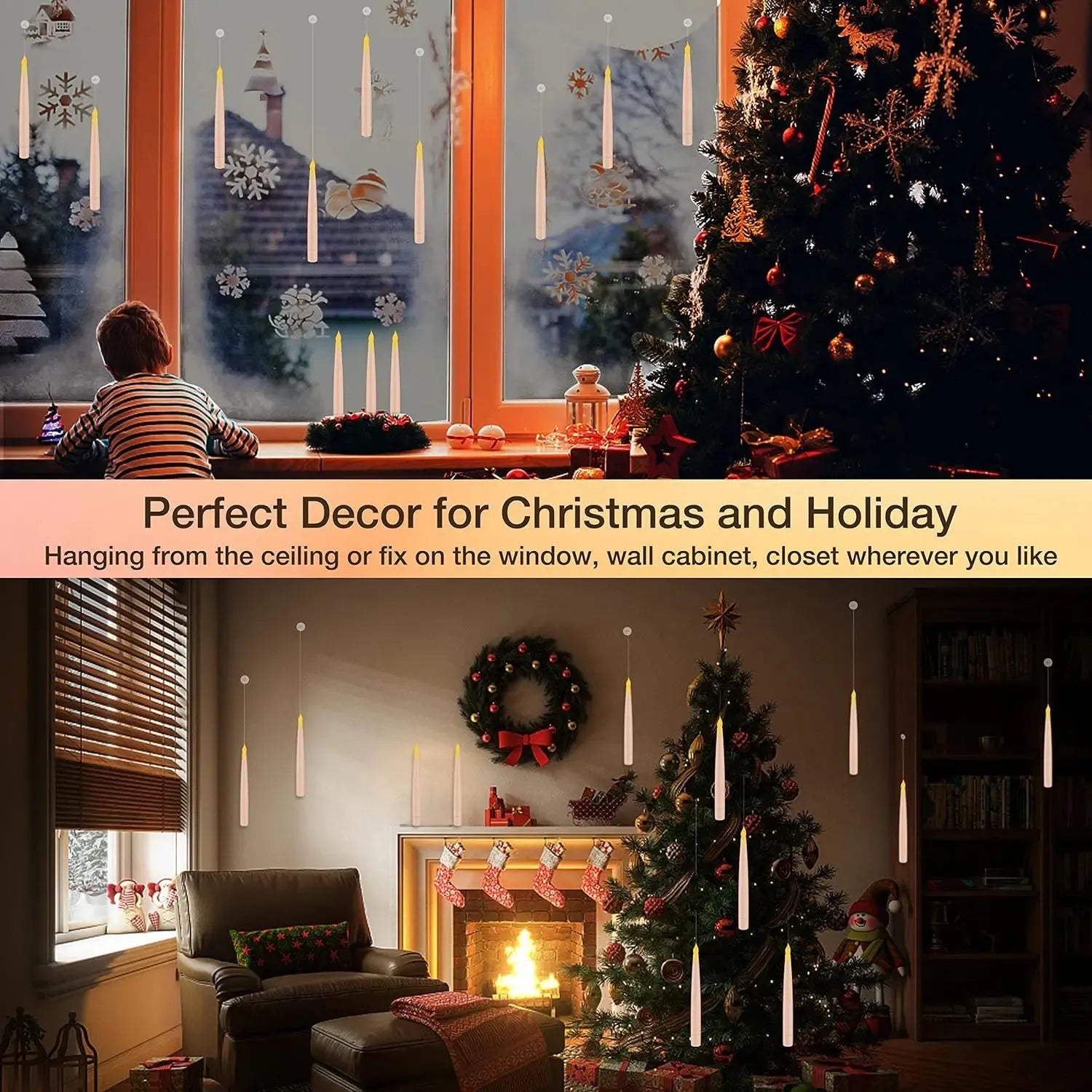 Decorative Christmas lights hanging from a window and ceiling with a Christmas tree and fireplace in the background.