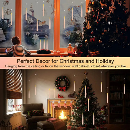 Decorative Christmas lights hanging from a window and ceiling with a Christmas tree and fireplace in the background.