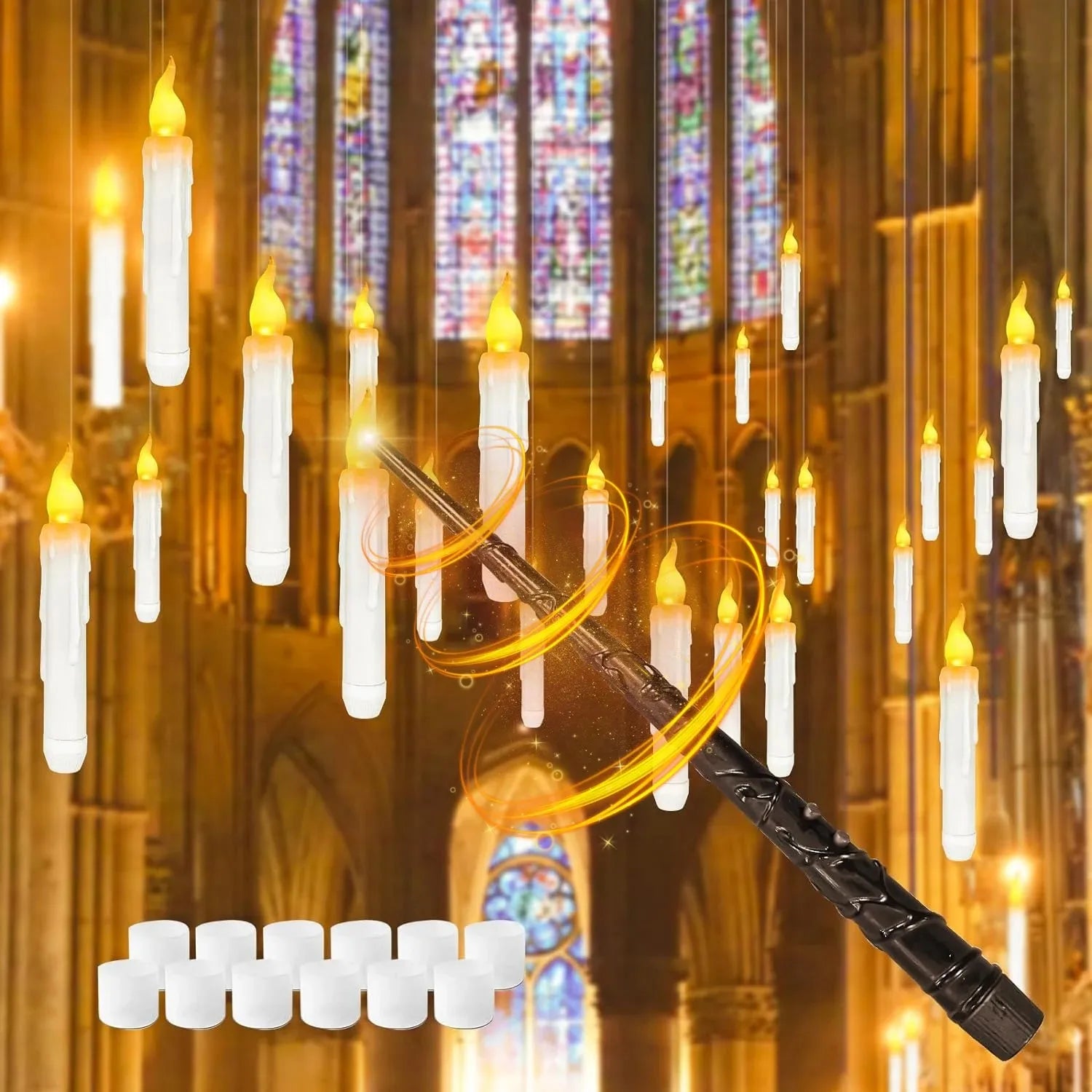 Decorative candle lights with a stained glass window in the background