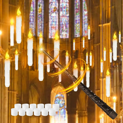 Decorative candle lights with a stained glass window in the background
