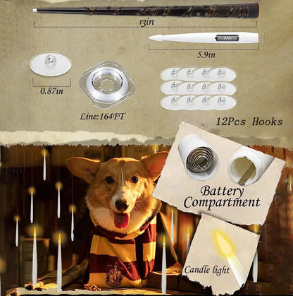 Dog in a Harry Potter-themed outfit with candle light and product components on a rustic background