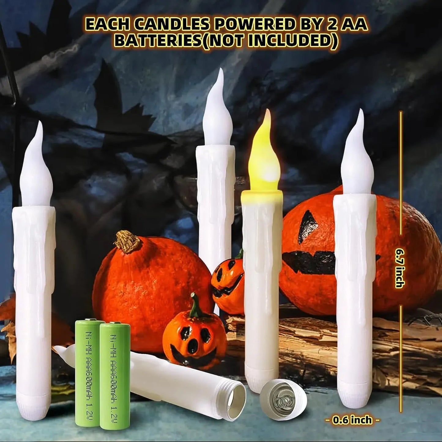 Electric candles with pumpkins and batteries on a Halloween-themed background