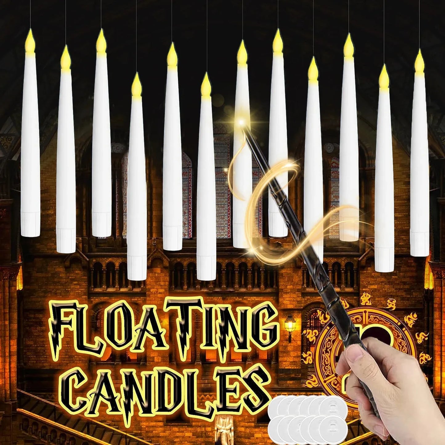 Floating candles with a magical wand in front of a cathedral-like background, labelled 'Floating Candles'.