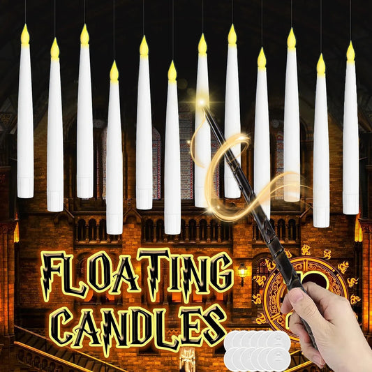 Floating candles with a magical wand in front of a cathedral-like background, labelled 'Floating Candles'.