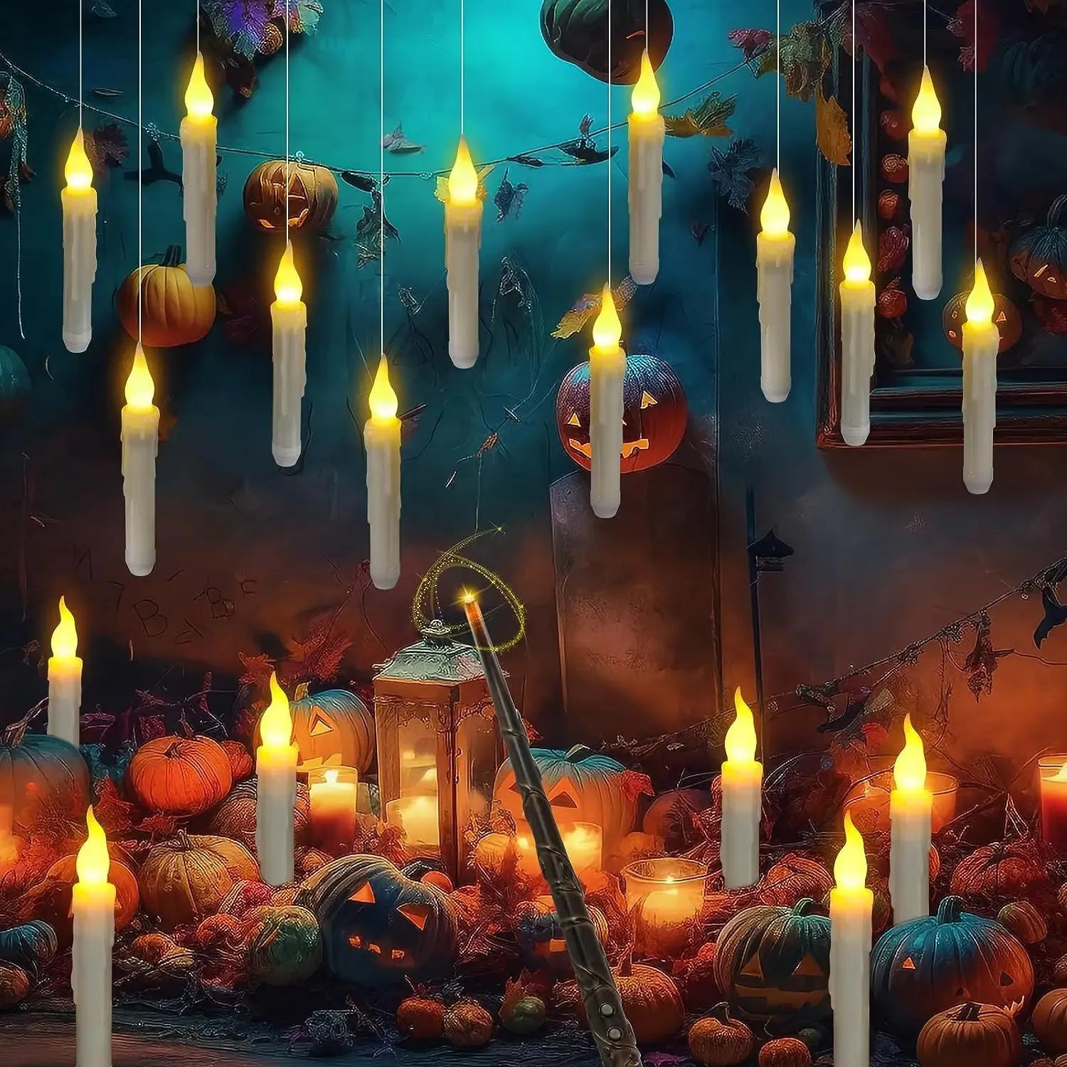 Halloween-themed scene with candles, pumpkins, and a lantern on a dark background.