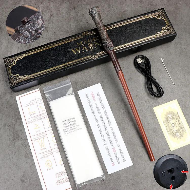 Harry Potter Magic Wand with packaging, USB cable, and accessories on a gray surface
