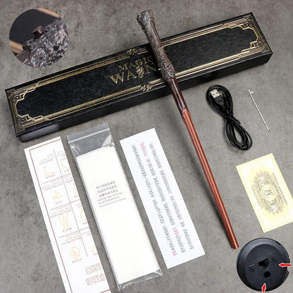Harry Potter Magic Wand with packaging, USB cable, and accessories on a gray surface