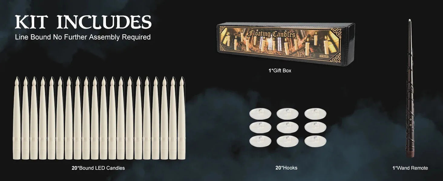Kit contents including candles, a box, hooks, and a remote control on a dark background.