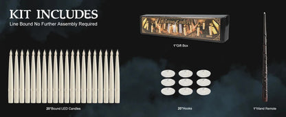 Kit contents including candles, a box, hooks, and a remote control on a dark background.