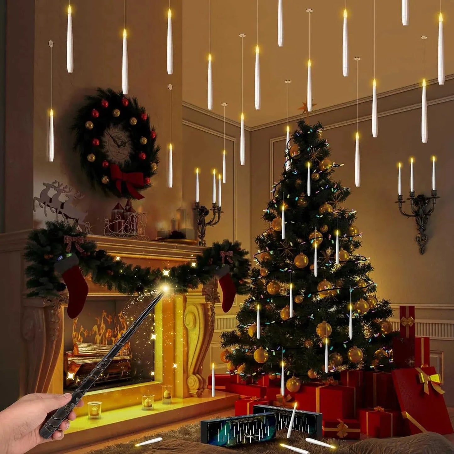 LED floating candle display and decorated Christmas tree with lights in a festive living room.