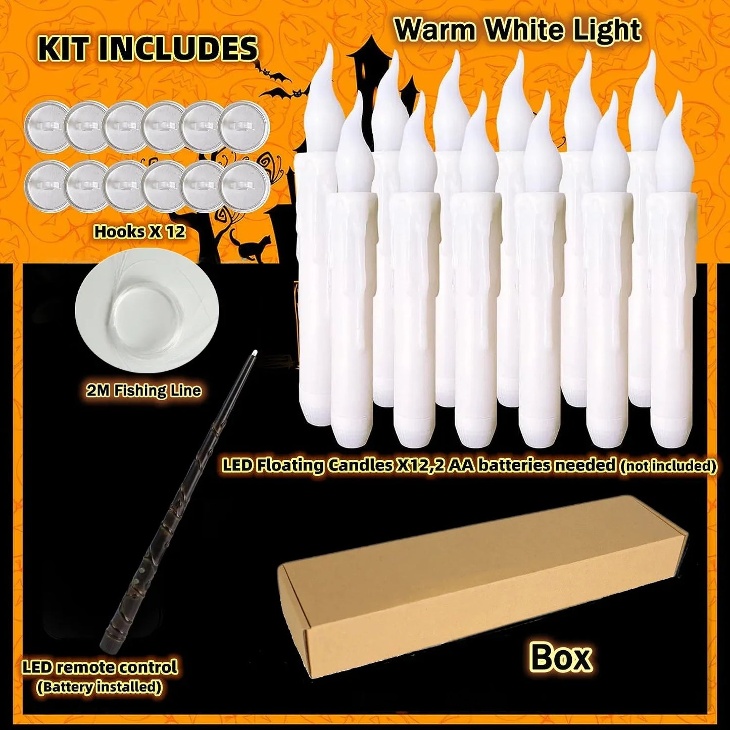 An LED floating candle kit with a remote control, batteries, and accessories on an orange background.