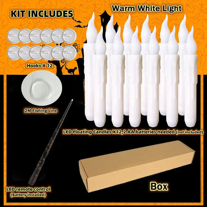 An LED floating candle kit with a remote control, batteries, and accessories on an orange background.