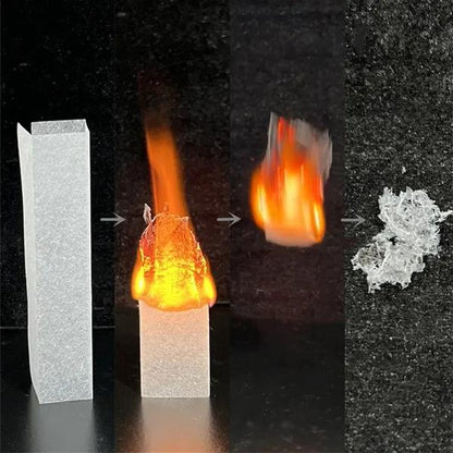 The Magic Flash Paper Process is a fire burning through a paper, with close-up views of the flame and material.