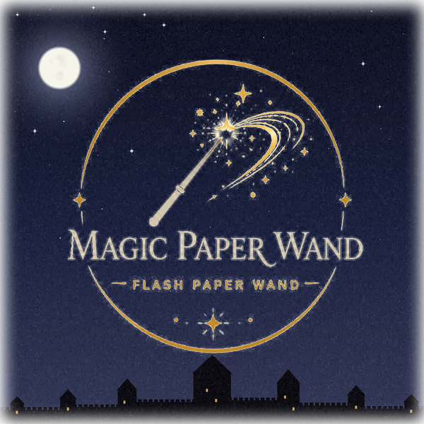 Logo of Magic Paper Wand with a night sky and moon background
