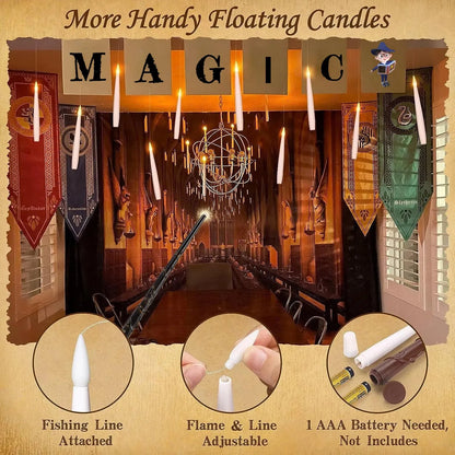 Advertisement for 'More Handy Floating Candles' with a magical theme, featuring candles and a wand.