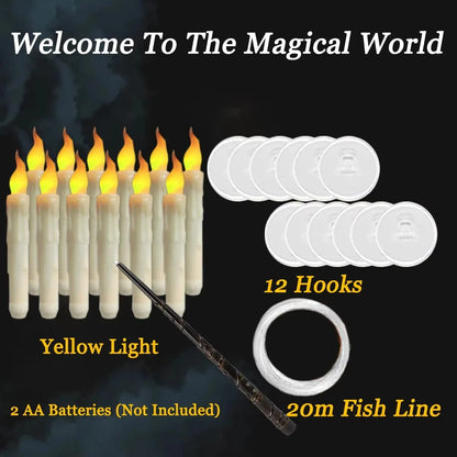 Set of LED candles with yellow light, hooks, batteries, and fish line on a dark background.