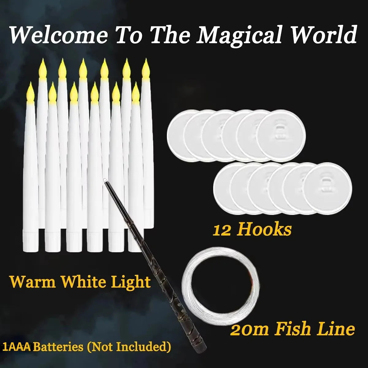Set of candles, hooks, batteries, and fish line with text on a dark background