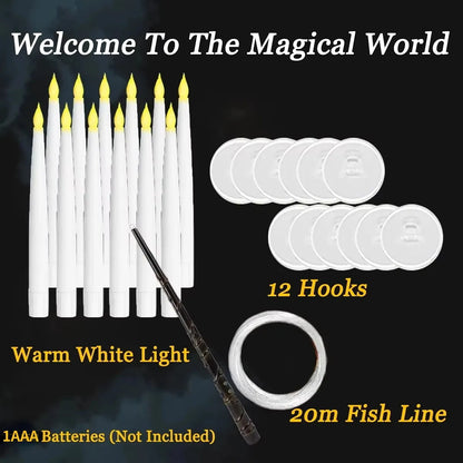 Set of candles, hooks, batteries, and fish line with text on a dark background