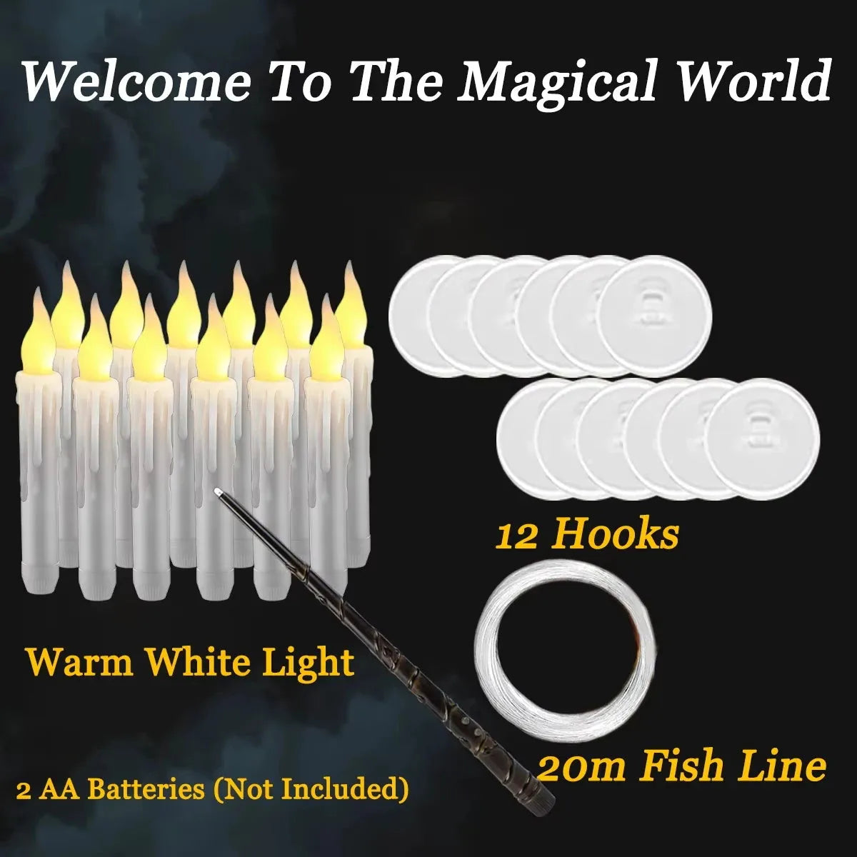 Set of candles with hooks, batteries, and fish line on a dark background with text 'Welcome To The Magical World'.