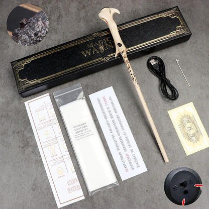 Voldemort Magic Wand with packaging, USB cable, and other accessories on a gray surface