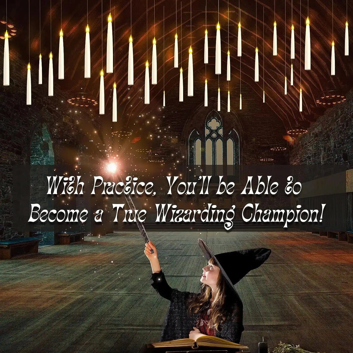 girl in a witch hat holding a wand with text about becoming a wizarding champion in a magical setting.