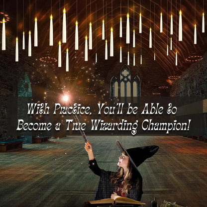 girl in a witch hat holding a wand with text about becoming a wizarding champion in a magical setting.